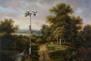 Painting of surveillance cameras in a meadow by a stream. Painted by Banksy. 
