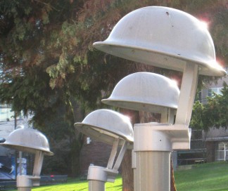 Light fixtures at Victory Square, designed to look like WWI Brodie helmets.
